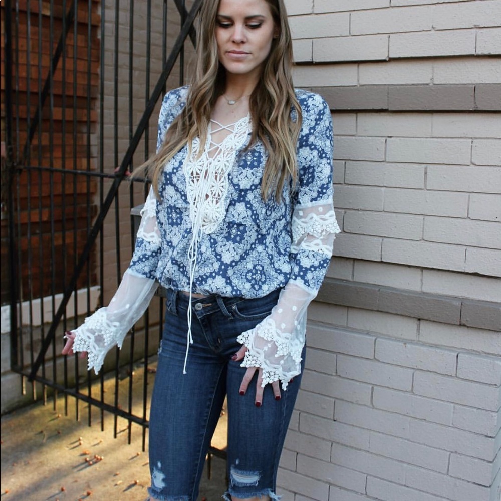 Navy and Ivory Bell Sleeve Lace Top
